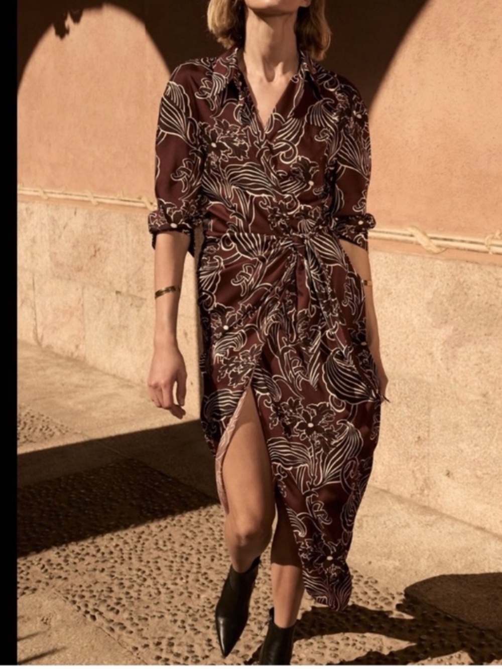 Zara Brown Floral Wrap Maxi Dress with Cream Black Print